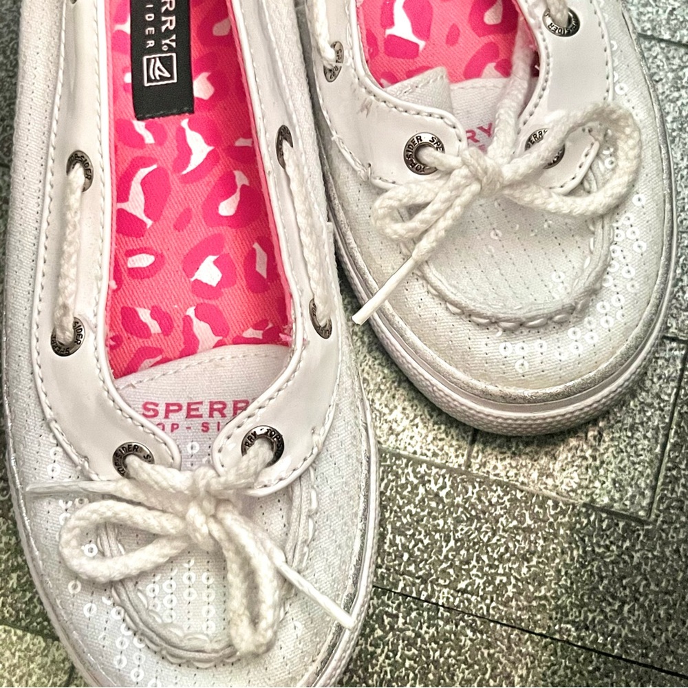 Sperry - Girl’s (Sz 3) Top-Sider Canvas White Sequin Flats Loafers Shoes - Picture 2 of 4
